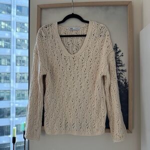 ZARA Cream Open-Knit V-Neck Sweater